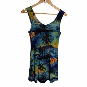 Vintage handmade 80s/90s Hawaiian sunset palm tree fit & flare mini dress